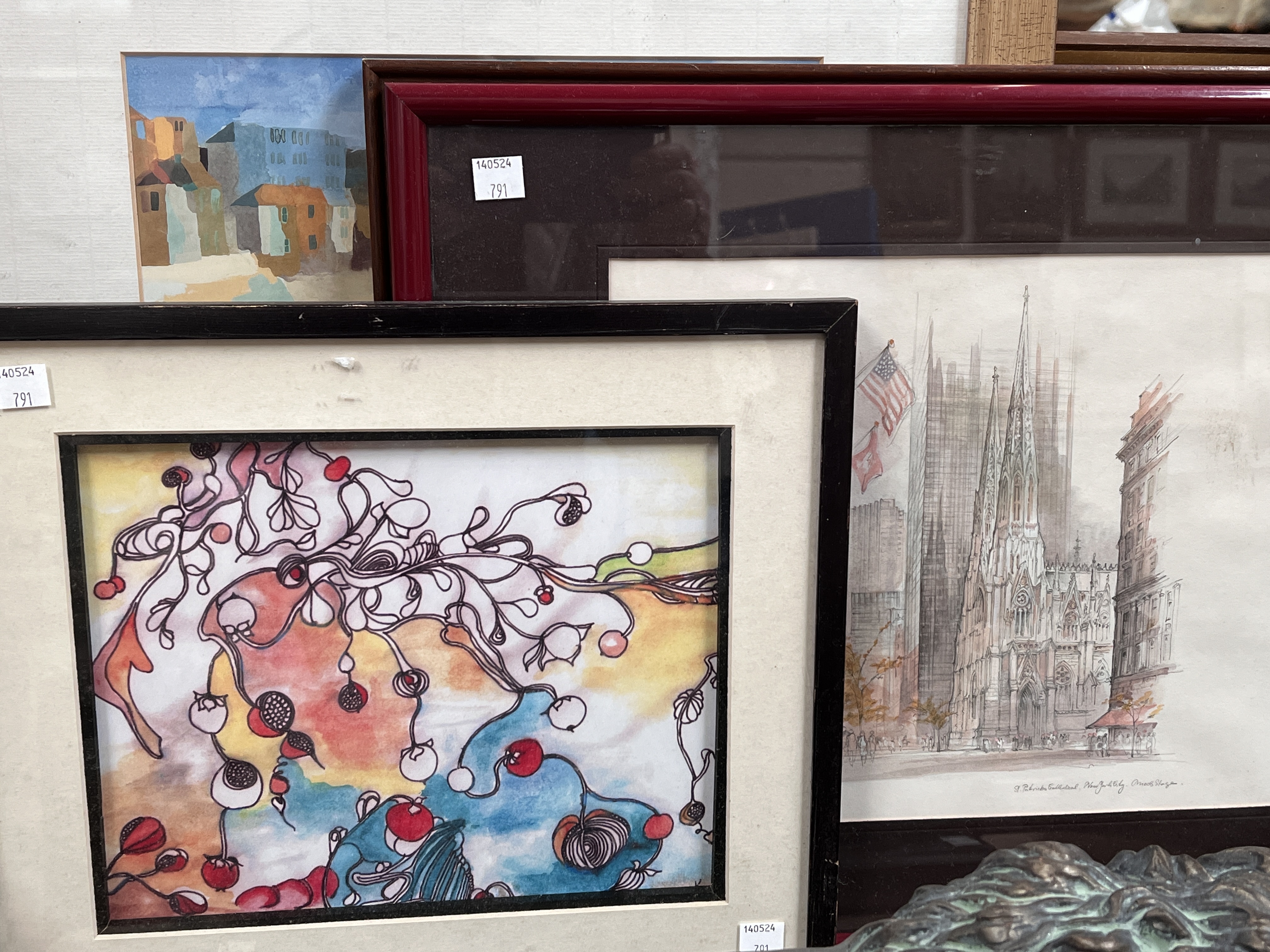 A selection of prints and watercolours, framed.