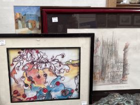 A selection of prints and watercolours, framed.