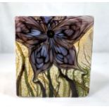 Timothy Harris Isle of Wight glass cube shaped paperweight with 30 year label, purple flowers on