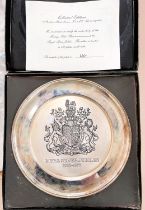 A circular limited edition hallmarked rectangular tray with Royal coat of arms (boxed) 13 ounce