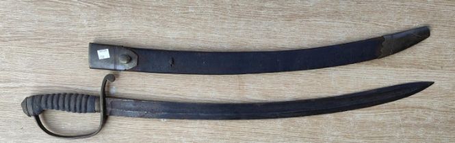 A Victorian police hanger sword with curved blade, length 59cm, with leather scabbard, shagreen grip