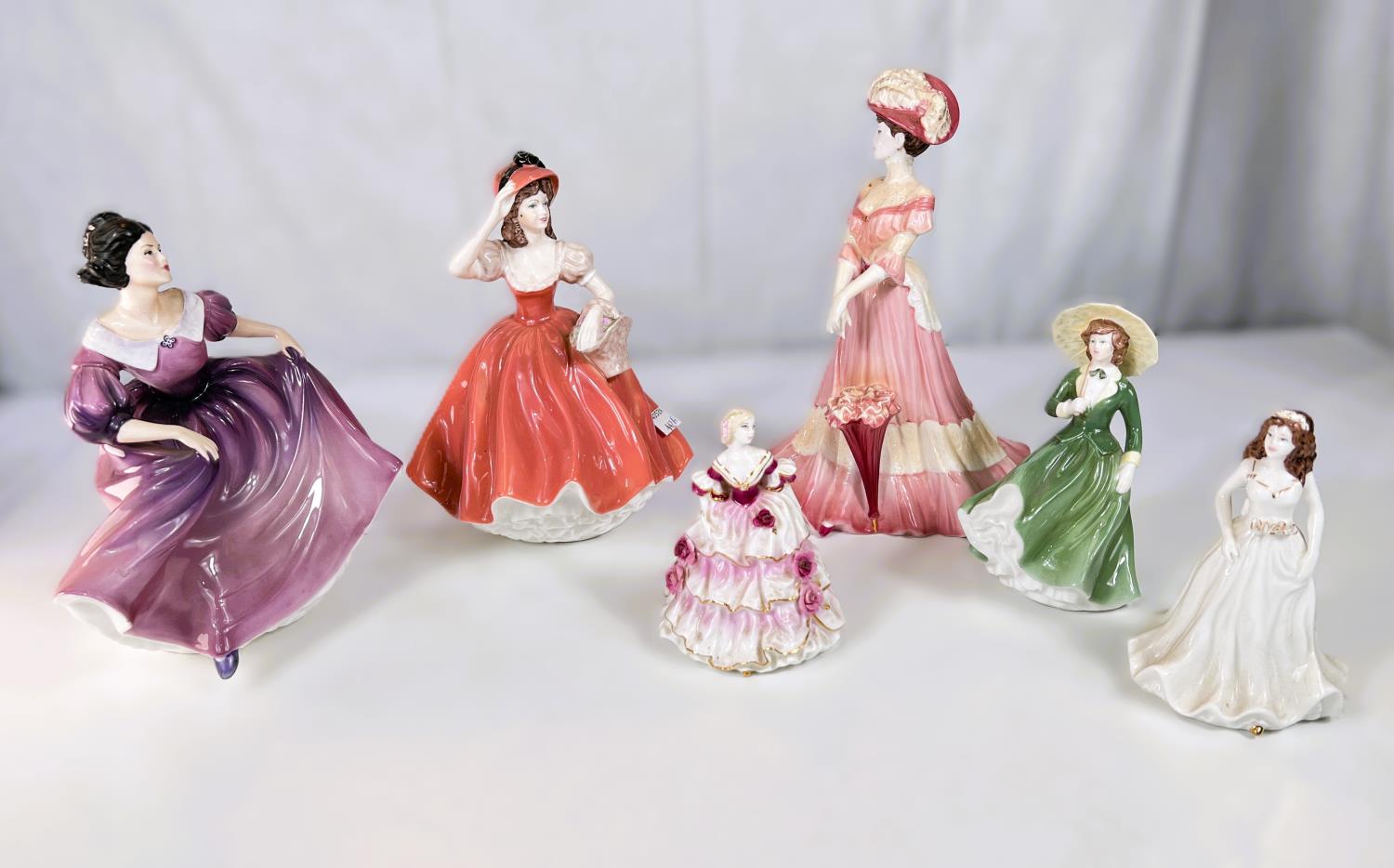 Coalport: six ceramic figures, High Society 'Lady Charlotte' limited 4 of 5000 (parasol handle