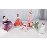 Coalport: six ceramic figures, High Society 'Lady Charlotte' limited 4 of 5000 (parasol handle