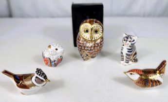 Royal Crown Derby paperweights :- owl, boxed, Poppy Mouse, Crested tit, Kitten and a bird, all