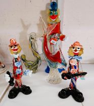A selection of Murano style glass figures including a Romanian glass cockerill (clown a.f)