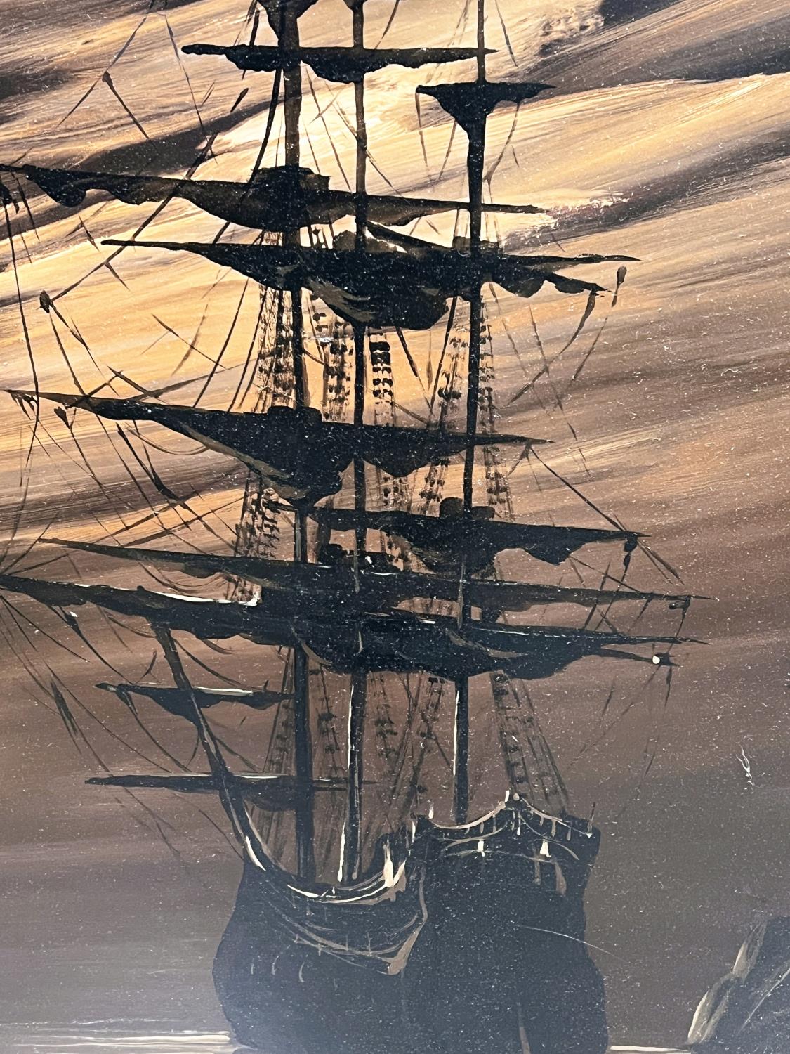 A 20th century three mast sailing ships with sails reefed at night, oil on canvas, signed - Image 2 of 3