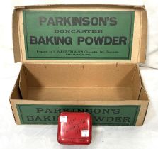 A cardboard advertising box 'Parkinson's Baking Powder Doncaster' and a Will's Handy Cut Flake tin