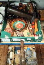 A cantilevered sewing box and contents and a selection of treen, bric-a-brac and china