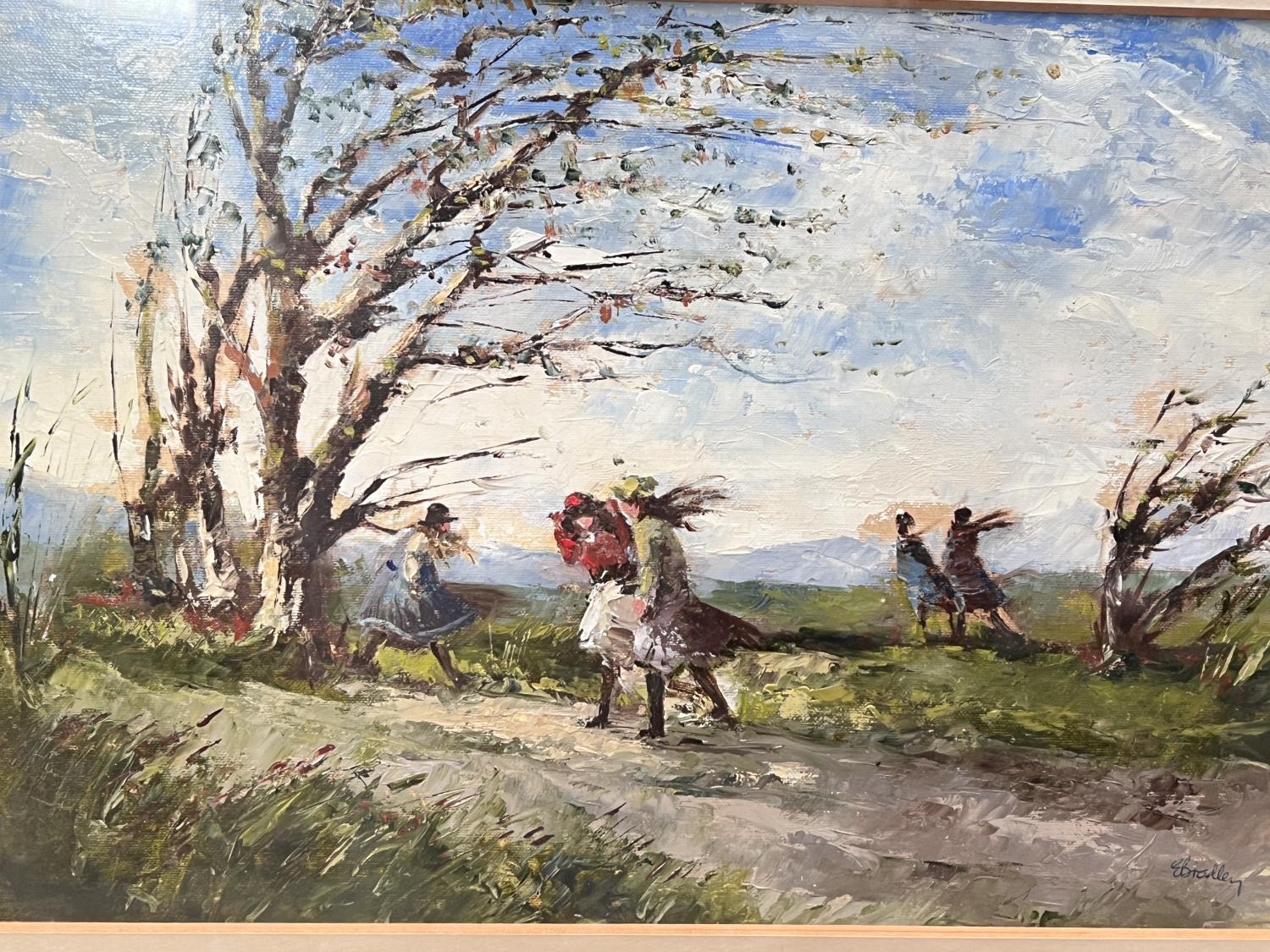 E. Bradley, 2 landscapes, figures crossing a bridge and a windy day, 2 oils, signed, framed and - Image 4 of 5
