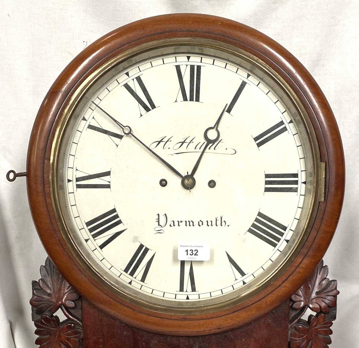 A 19th century mahogany cased drop dial wall clock with vince carved side mounts, twin chain fusee - Image 2 of 3