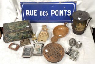 A French Enamel street sign 'Rue Des Ponts' 20x50cm, two vintage metal biscuit tins, a vintage