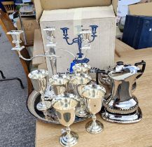 A silver plated 3 branch candelabra, silver plated tray, 6 silver plated goblets etc