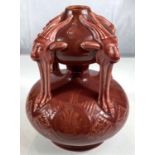 Dr Christopher Dresser unusual continental double gourd shaped vase with goat mask mounts, signed to