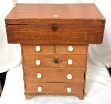 A pine apprentice's chest of 3 long and 2 short drawers and a mahogany box