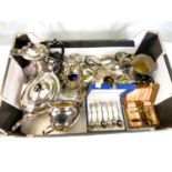 A Georgian style four piece silver plated cruet set and other silver plate