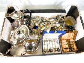 A Georgian style four piece silver plated cruet set and other silver plate