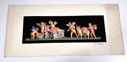FENDERICO- gouache on paper frieze with cherubs signed 15x61cm and another 13x40cm