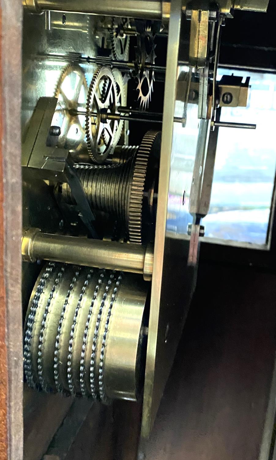 A 19th century mahogany cased drop dial wall clock with vince carved side mounts, twin chain fusee - Image 3 of 3