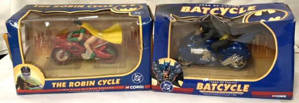 Corgi DC comics, 1/16th scale models in boxes 'Batcycle' and 'The Robin Cycle' (boxes worn)