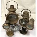 A selection of 19th century brass lamps of various kinds and sizes, coach mans, hanging etc