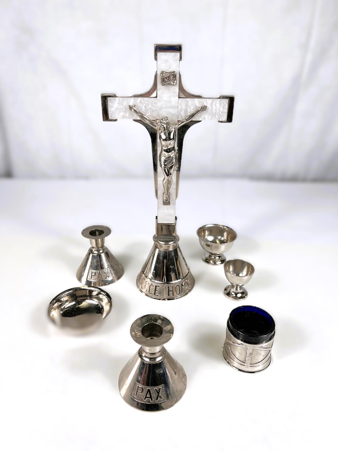 A silver plated altar set with crucifix, candlesticks etc - Image 3 of 8