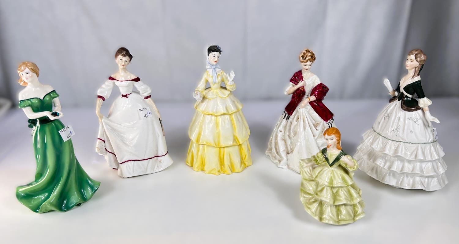 Royal Worcester: six ceramic figures, Debutante, Sincerity, First Dance 3629, Coming of Age,