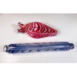 A Nailsea blue and white glass rolling pin and a pink and white double scent bottle