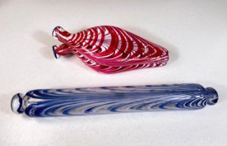 A Nailsea blue and white glass rolling pin and a pink and white double scent bottle