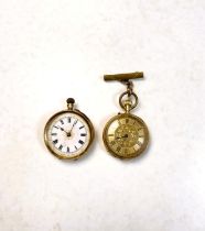 A chased yellow metal open faced keyless fob watch, the outer back case stamped 14K (a.f); a similar