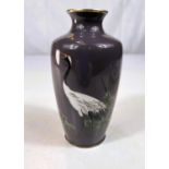 A Japanese Ando Factory cloisonne vase with heron decoration on grey background, signature to