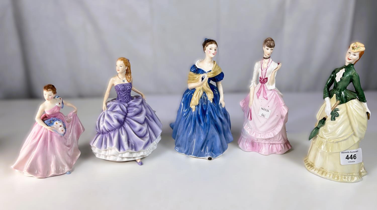 Three Royal Doulton figures Invitation HN 2170, Adrienne, and Birthstone Opal and two Royal