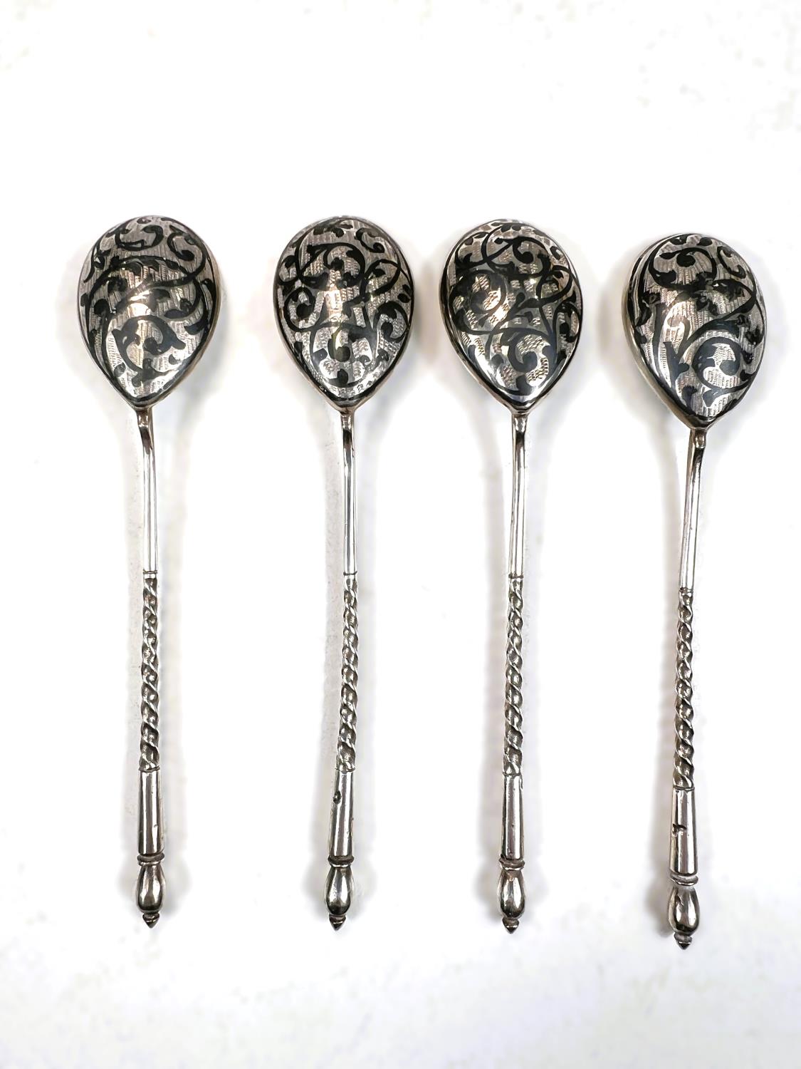 A cased set of 6 silver gilt and coloured enamel coffee spoons, Birmingham 1961; a set of 4 - Image 2 of 3