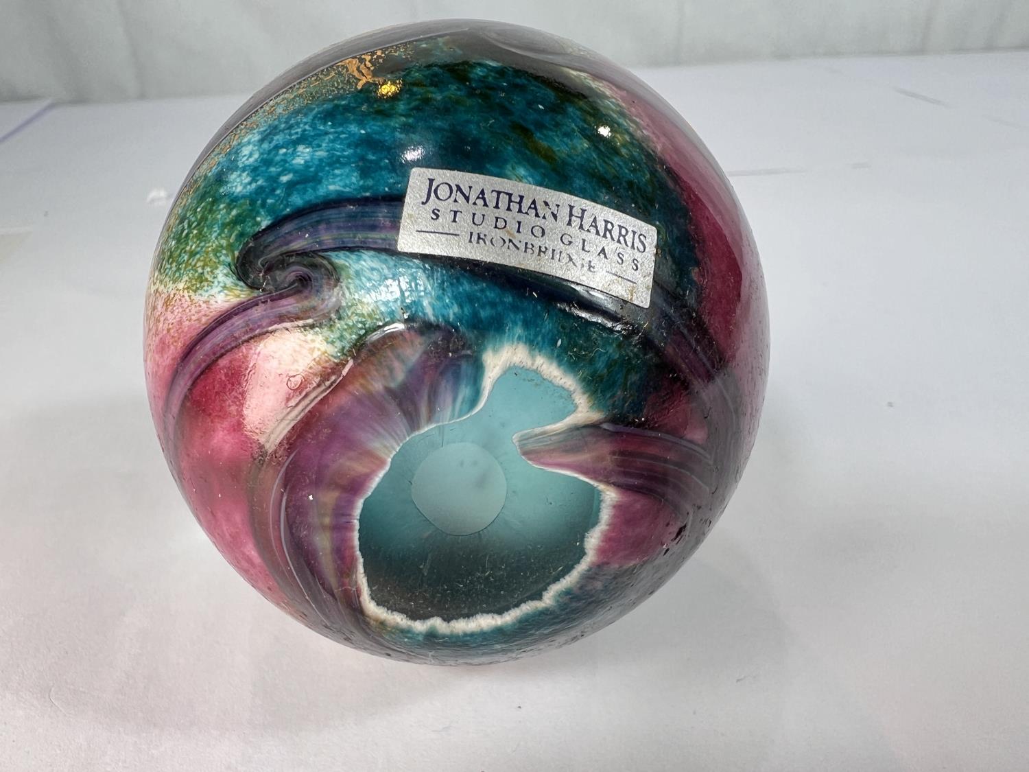 Johnathan Harris Paperweights: A signed 'Watergarden' paperweight decorated in blue with gold - Image 6 of 6