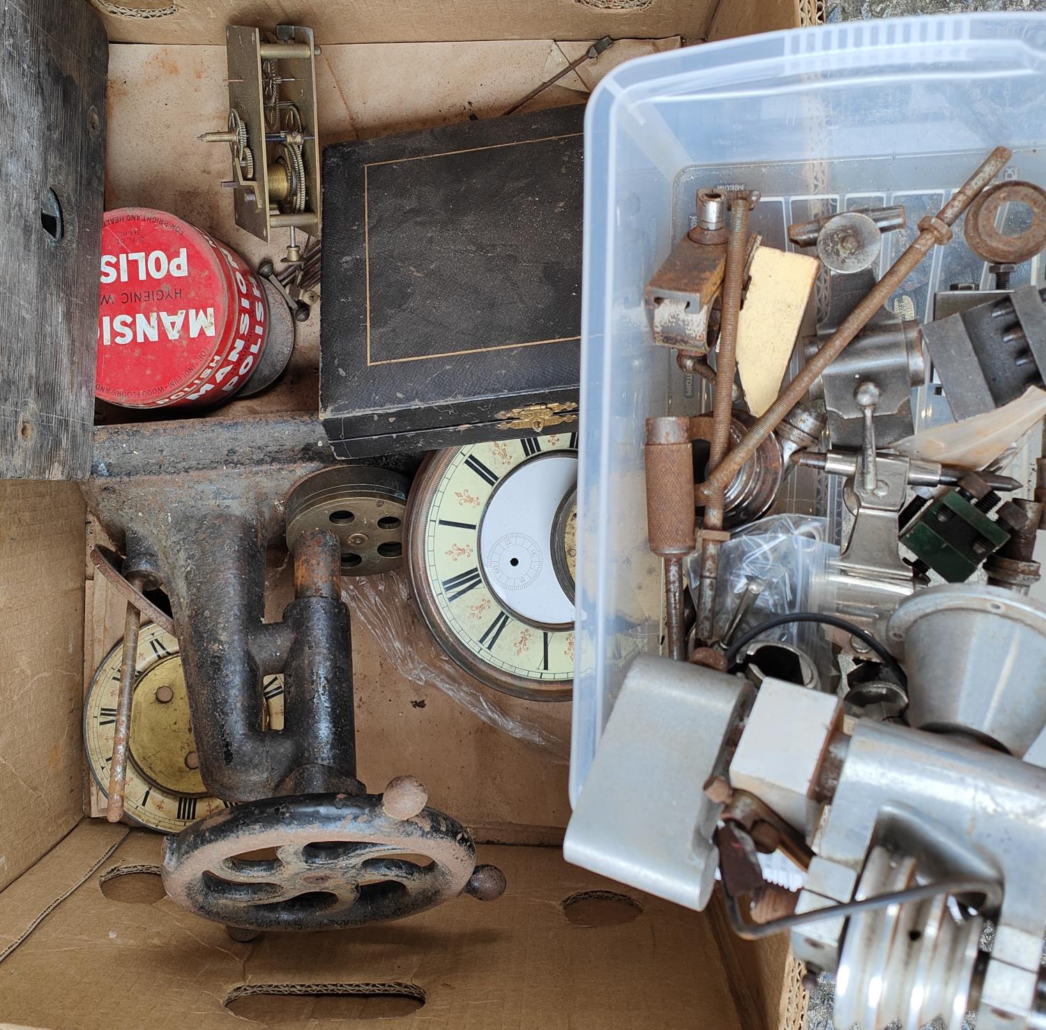 A vintage watch makers lathe, clock and watch parts including single weight driven - Image 2 of 2