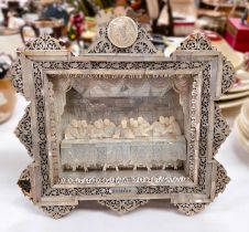 A 19th century Mother of Pearl and olive wood last supper diorama, highly decorated, Jerusalem