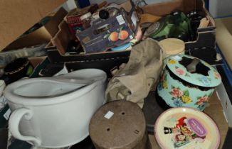 A selection of vintage kitchenalia and household items, old tins, 1970's telephone, military related