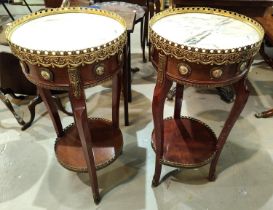 A pair of Louis XV style circular mahogany marble top 2 tier plant stand