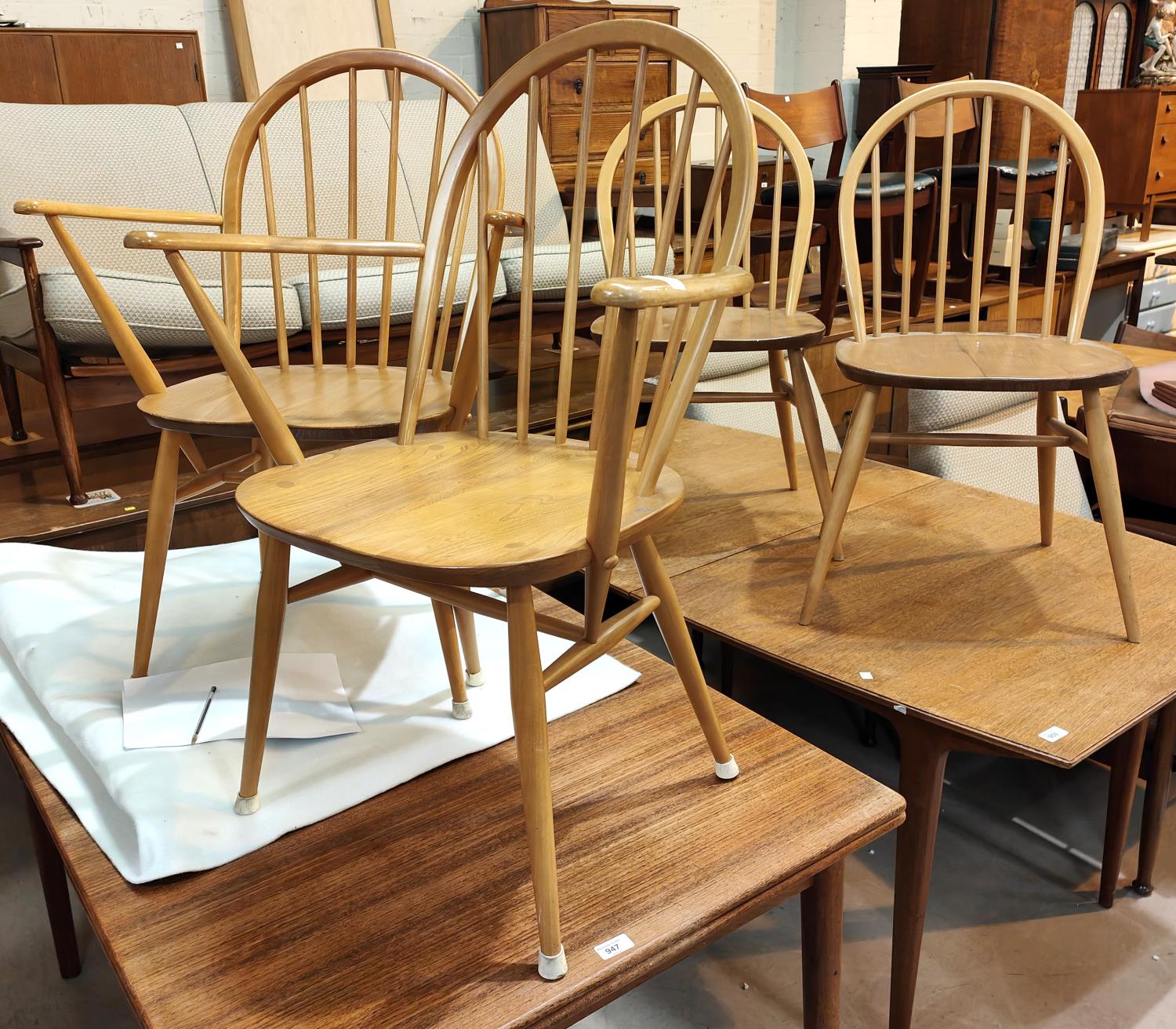 A set of 4 (2+2) Ercol hoop and stick back dining chairs