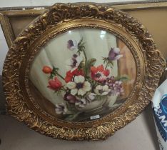 Annette: still life of flowers, oil on board in circular decorative frame diameter 39cm; A Victorian