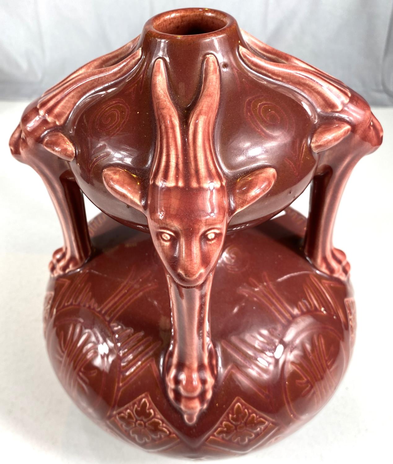 Dr Christopher Dresser unusual continental double gourd shaped vase with goat mask mounts, signed to - Image 4 of 6