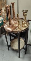 A pair of brass candlesticks, 2 other pairs and 2 tier brass top table of Middle Eastern design