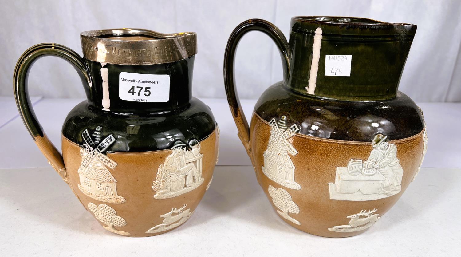 A Doulton Lambeth green and brown stoneware jug with relief decoration of hunting scenes, having - Image 3 of 3