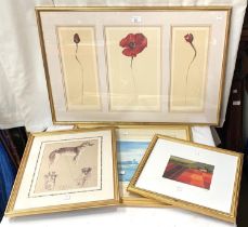 20th Century:  3 poppies, signed artist's print; cottage landscape, signed print; a print of 3 dogs;