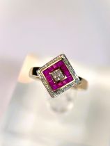 A 9ct hallmarked gold dress ring with offset square with bands of small diamonds and rubies, 2.