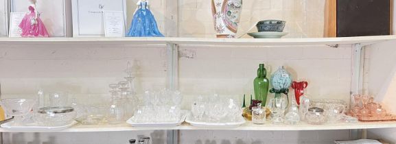 Three Georgian style slice cut mallet decanters; glassware, drinking glasses and other coloured