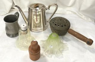 Two 19th century vaseline glass light shades; a 19th century medicine bottle; a silver plated coffee