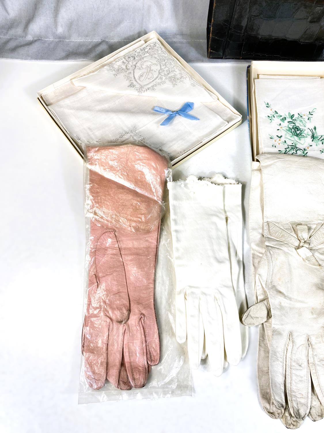 A vintage handbag, Kendals and other Handkerchiefs and Three pairs of opera gloves - Image 2 of 6