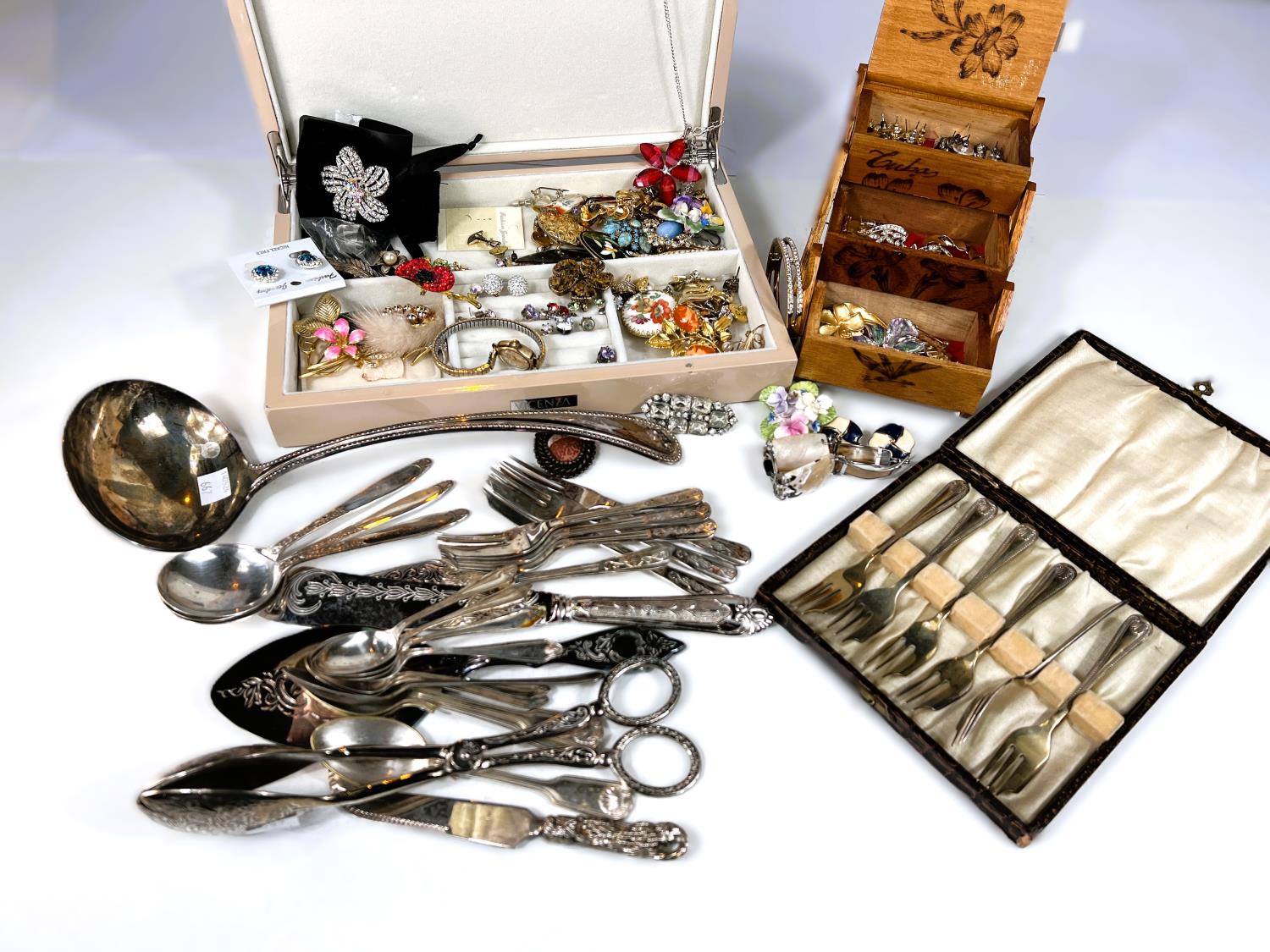 Two jewellery boxes and costume jewellery, a selection of EPNS cutlery