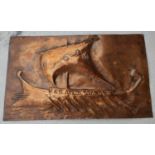 A Newlyn copper plaque depicting Viking ship signed bottom right