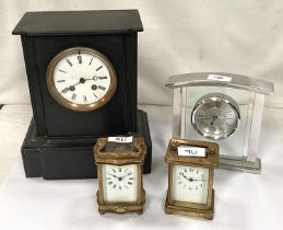 A slate mantel clock with enamel dial, Roman numerals, two brass carriage clocks, a.f
